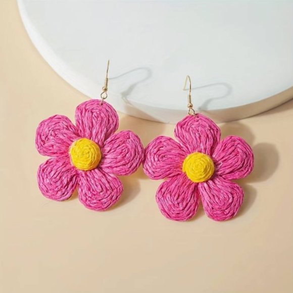 chichigems Jewelry - Berry Pink & Yellow Raffia Flower Tropical Beach Vacation Dangle Earrings NEW